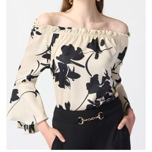 JOSEPH RIBKOFF SZ 8 tan & black abstract floral off shoulder flared sleeve top